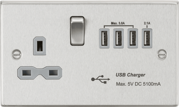 Knightsbridge MLA CS7USB4BCG 13A switched socket with quad USB charger (5.1A) - brushed chrome with grey insert - Knightsbridge MLA - Falcon Electrical UK