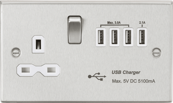 Knightsbridge MLA CS7USB4BCW 13A switched socket with quad USB charger (5.1A) - brushed chrome with white insert - Knightsbridge MLA - Falcon Electrical UK