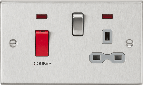 Knightsbridge MLA CS83BCG 45A DP Cooker Switch & 13A Switched Socket with Neons & Grey Insert - Square Edge Brushed Chrome - Knightsbridge MLA - Falcon Electrical UK