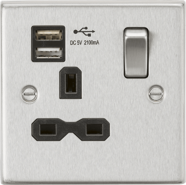 Knightsbridge MLA CS91BC 13A 1G Switched Socket Dual USB Charger (2.1A) with Black Insert - Square Edge Brushed Chrome - Knightsbridge MLA - Falcon Electrical UK