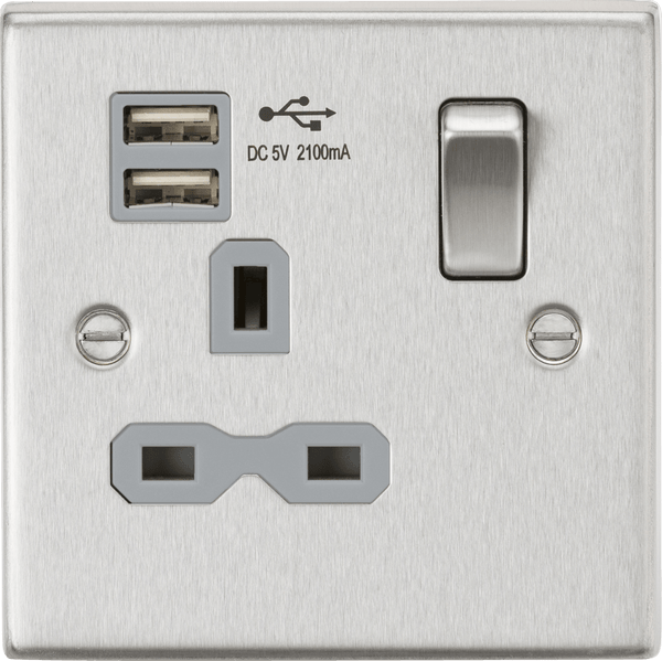 Knightsbridge MLA CS91BCG 13A 1G Switched Socket Dual USB Charger (2.1A) with Grey Insert - Square Edge Brushed Chrome - Knightsbridge MLA - Falcon Electrical UK