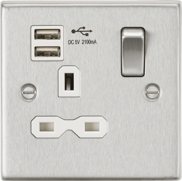 Knightsbridge MLA CS91BCW 13A 1G Switched Socket Dual USB Charger (2.1A) with White Insert - Square Edge Brushed Chrome - Knightsbridge MLA - Falcon Electrical UK