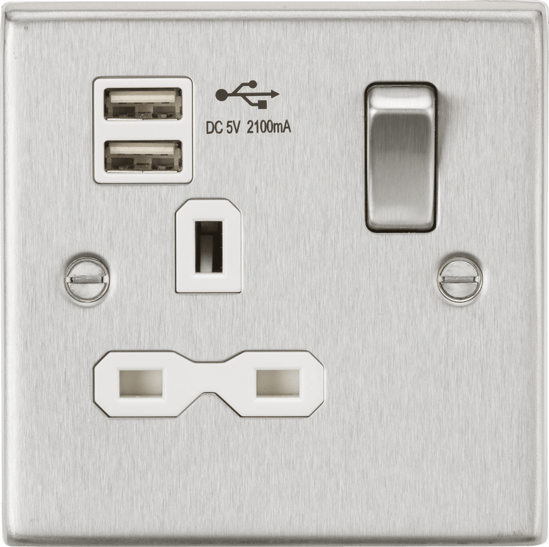 Knightsbridge MLA CS91BCW 13A 1G Switched Socket Dual USB Charger (2.1A) with White Insert - Square Edge Brushed Chrome - Knightsbridge MLA - Falcon Electrical UK