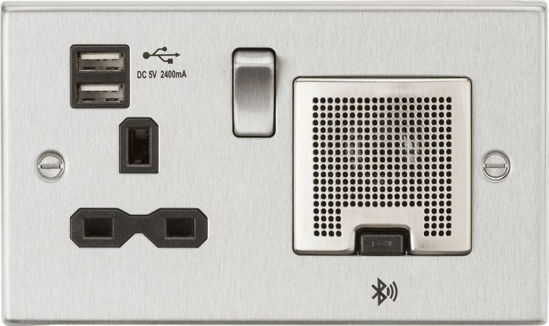 Knightsbridge MLA CS9905BC 13A Socket, USB chargers (2.4A), & Bluetooth Speaker - Square Edge Brushed Chrome with black insert - Knightsbridge MLA - Falcon Electrical UK