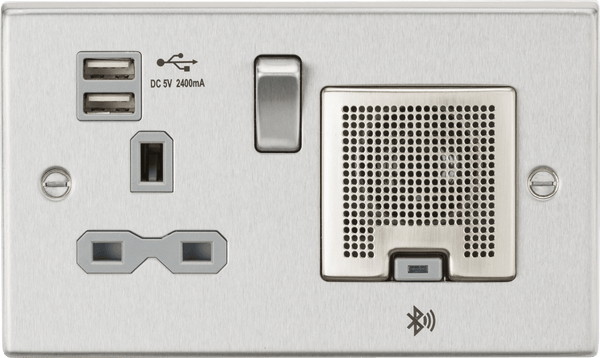 Knightsbridge MLA CS9905BCG 13A Socket, USB chargers (2.4A), & Bluetooth Speaker - Square Edge Brushed Chrome with grey insert - Knightsbridge MLA - Falcon Electrical UK