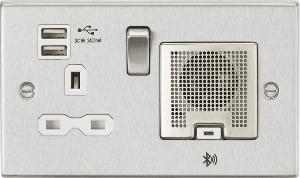 Knightsbridge MLA CS9905BCW 13A Socket, USB chargers (2.4A), & Bluetooth Speaker - Square Edge Brushed Chrome with white insert - Knightsbridge MLA - Falcon Electrical UK