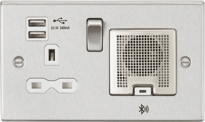 Knightsbridge MLA CS9905BCW 13A Socket, USB chargers (2.4A), & Bluetooth Speaker - Square Edge Brushed Chrome with white insert - Knightsbridge MLA - Falcon Electrical UK