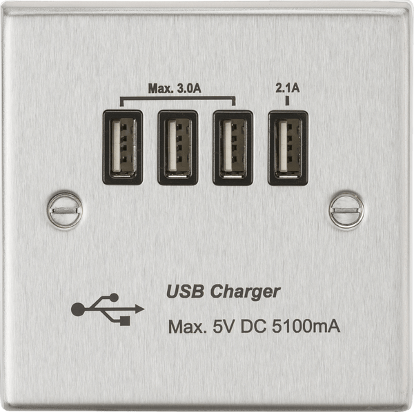 Knightsbridge MLA CSQUADBC Quad USB Charger Outlet (5.1A) - Brushed Chrome with Black Insert - Knightsbridge MLA - Falcon Electrical UK