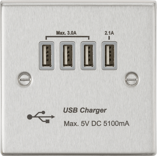 Knightsbridge MLA CSQUADBCG Quad USB Charger Outlet (5.1A) - Brushed Chrome with Grey Insert - Knightsbridge MLA - Falcon Electrical UK