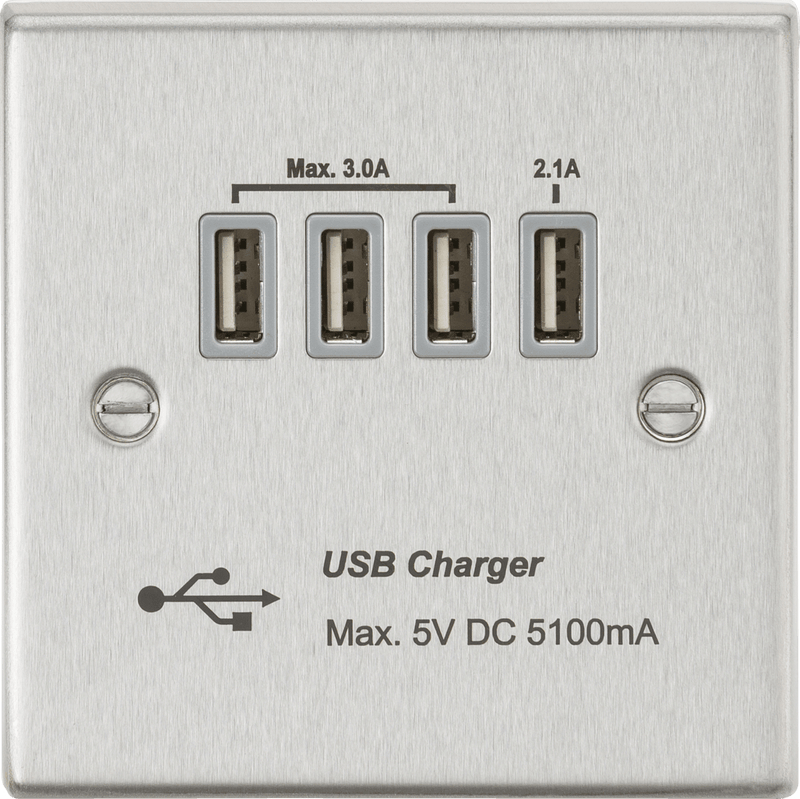 Knightsbridge MLA CSQUADBCG Quad USB Charger Outlet (5.1A) - Brushed Chrome with Grey Insert - Knightsbridge MLA - Falcon Electrical UK