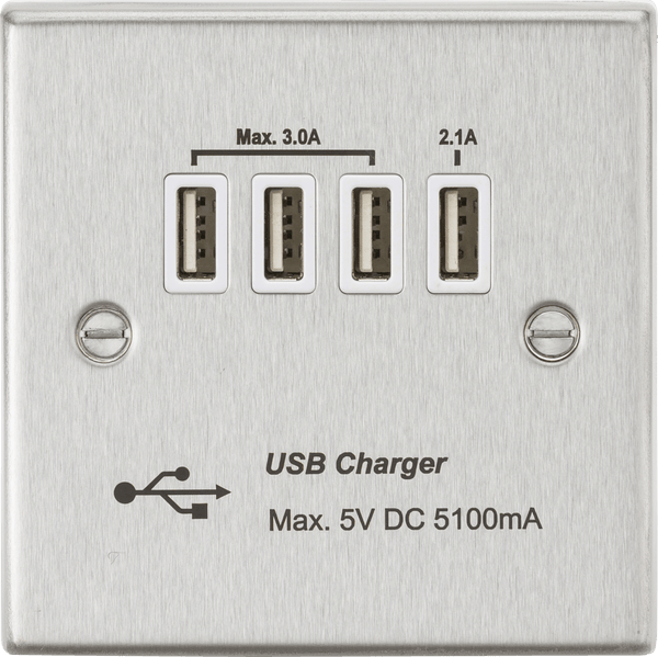 Knightsbridge MLA CSQUADBCW Quad USB Charger Outlet (5.1A) - Brushed Chrome with White Insert - Knightsbridge MLA - Falcon Electrical UK