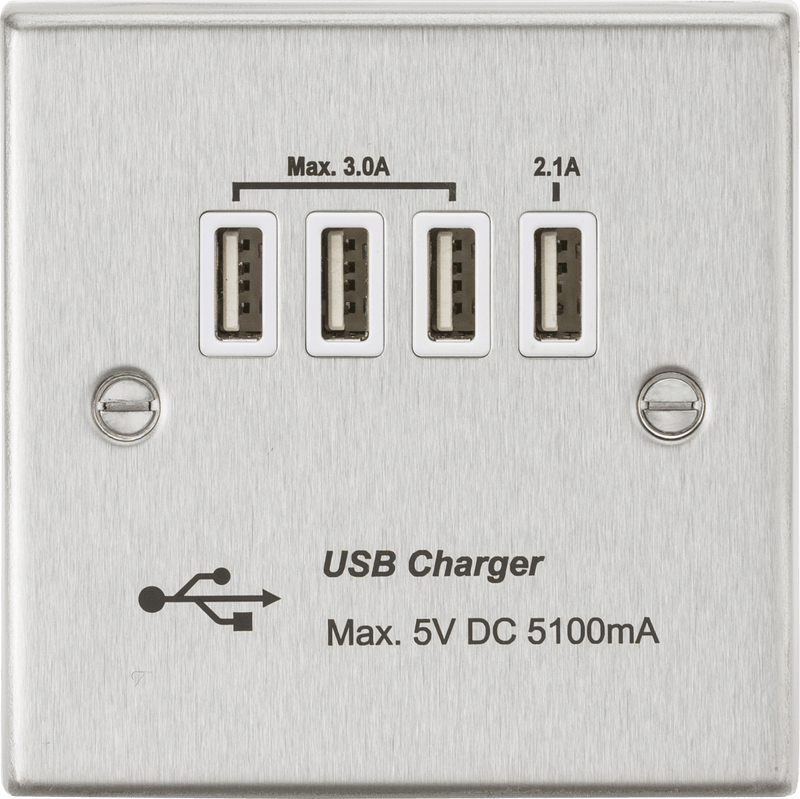 Knightsbridge MLA CSQUADBCW Quad USB Charger Outlet (5.1A) - Brushed Chrome with White Insert - Knightsbridge MLA - Falcon Electrical UK