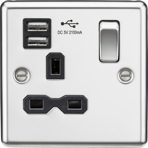 Knightsbridge MLA CL91PC 13A 1G Switched Socket Dual USB Charger Slots with Black Insert - Rounded Edge Polished Chrome - Knightsbridge MLA - Falcon Electrical UK