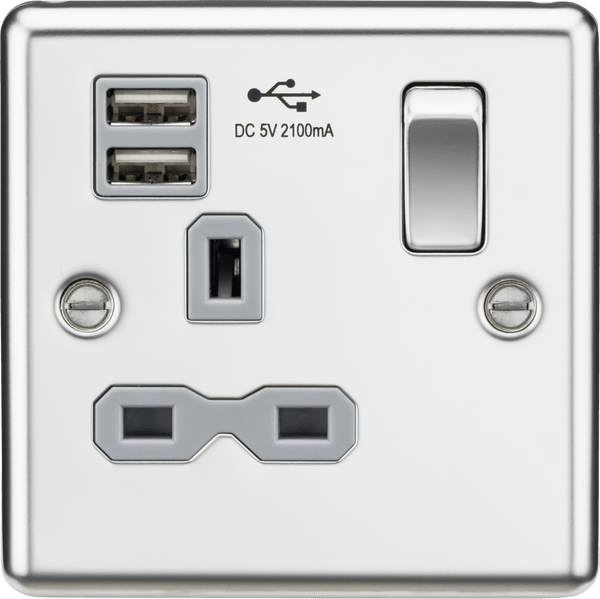 Knightsbridge MLA CL91PCG 13A 1G Switched Socket Dual USB Charger Slots with Grey Insert - Rounded Edge Polished Chrome - Knightsbridge MLA - Falcon Electrical UK