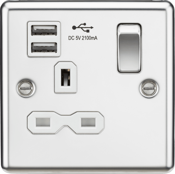 Knightsbridge MLA CL91PCW 13A 1G Switched Socket Dual USB Charger Slots with White Insert - Rounded Edge Polished Chrome - Knightsbridge MLA - Falcon Electrical UK