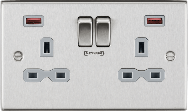 Knightsbridge MLA CS9908BCG 13A 2G DP Switched Socket with Dual USB FASTCHARGE ports (A + A) - Brushed Chrome with grey insert - Knightsbridge MLA - Falcon Electrical UK