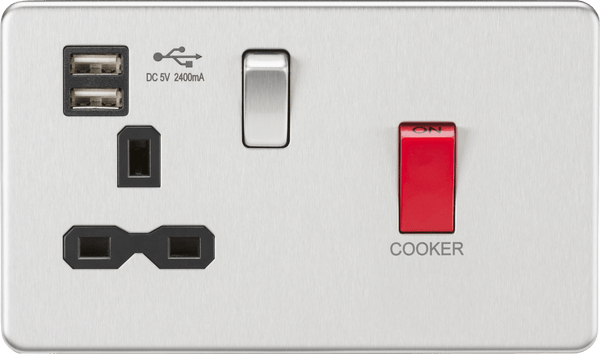 Knightsbridge MLA SFR8333UBC 45A DP Switch & 13A Switched Socket with Dual USB Charger 2.4A - Brushed Chrome with black insert - Knightsbridge MLA - Falcon Electrical UK