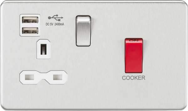 Knightsbridge MLA SFR8333UBCW 45A DP Switch & 13A Switched Socket with Dual USB Charger 2.4A - Brushed Chrome with white insert - Knightsbridge MLA - Falcon Electrical UK