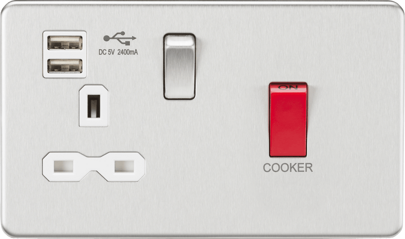 Knightsbridge MLA SFR8333UBCW 45A DP Switch & 13A Switched Socket with Dual USB Charger 2.4A - Brushed Chrome with white insert - Knightsbridge MLA - Falcon Electrical UK