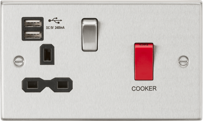 Knightsbridge MLA CS8333UBC 45A DP Switch & 13A Switched Socket with Dual USB Charger 2.4A - Brushed Chrome with black insert - Knightsbridge MLA - Falcon Electrical UK