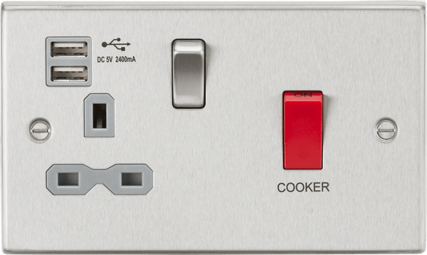 Knightsbridge MLA CS8333UBCG 45A DP Switch & 13A Switched Socket with Dual USB Charger 2.4A - Brushed Chrome with grey insert - Knightsbridge MLA - Falcon Electrical UK