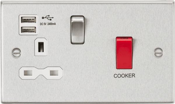 Knightsbridge MLA CS8333UBCW 45A DP Switch & 13A Switched Socket with Dual USB Charger 2.4A - Brushed Chrome with white insert - Knightsbridge MLA - Falcon Electrical UK