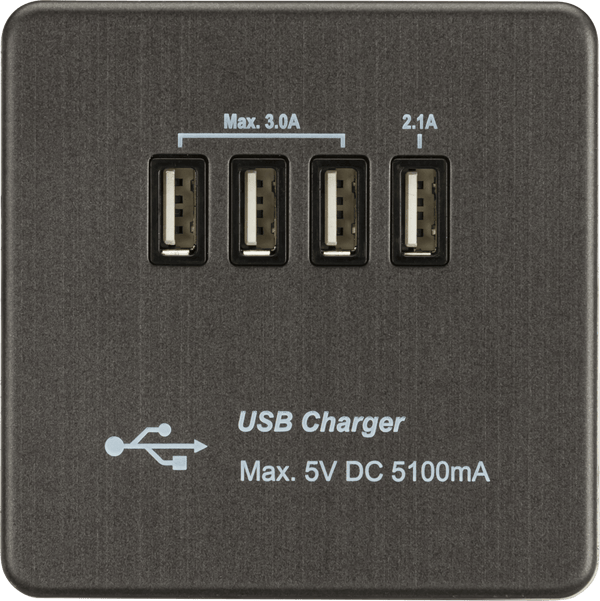 Knightsbridge MLA SFQUADSB Screwless Quad USB Charger Outlet (5.1A) - Smoked Bronze - Knightsbridge MLA - Falcon Electrical UK