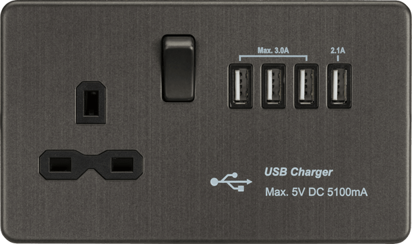 Knightsbridge MLA SFR7USB4SB Screwless 13A switched socket with Quad USB charger (5.1A) - Smoked Bronze - Knightsbridge MLA - Falcon Electrical UK