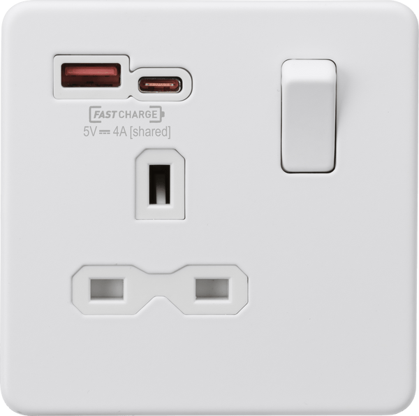 Knightsbridge MLA SFR9919MW 13A 1G Switched Socket with dual USB [FASTCHARGE] A+C - Matt White - Knightsbridge MLA - Falcon Electrical UK