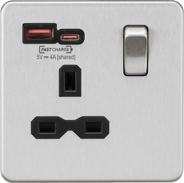 Knightsbridge MLA SFR9919BC 13A 1G Switched Socket with dual USB [FASTCHARGE] A+C - Brushed Chrome with black insert - Knightsbridge MLA - Falcon Electrical UK