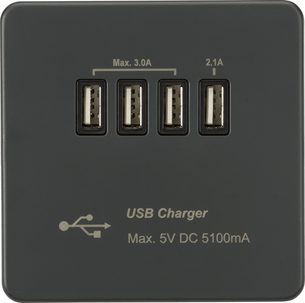 Knightsbridge MLA SFQUADAT Screwless Quad USB Charger Outlet (5.1A) - Anthracite - Knightsbridge MLA - Falcon Electrical UK