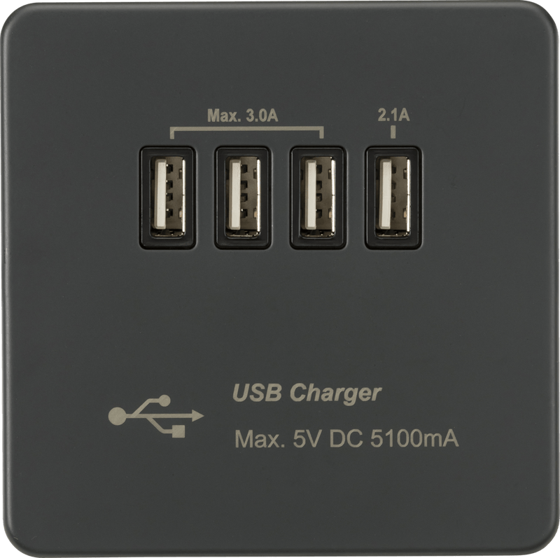 Knightsbridge MLA SFQUADAT Screwless Quad USB Charger Outlet (5.1A) - Anthracite - Knightsbridge MLA - Falcon Electrical UK