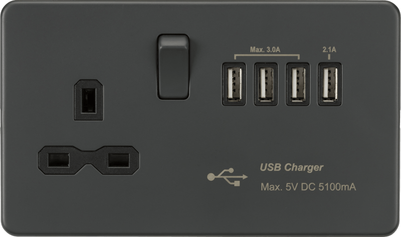 Knightsbridge MLA SFR7USB4AT Screwless 13A switched socket with Quad USB charger (5.1A) - Anthracite - Knightsbridge MLA - Falcon Electrical UK