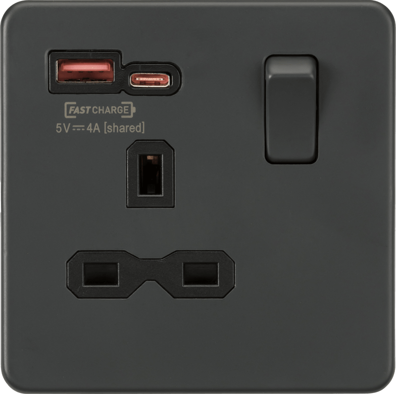 Knightsbridge MLA SFR9919AT 13A 1G Switched Socket with dual USB [FASTCHARGE] A+C - Anthracite - Knightsbridge MLA - Falcon Electrical UK