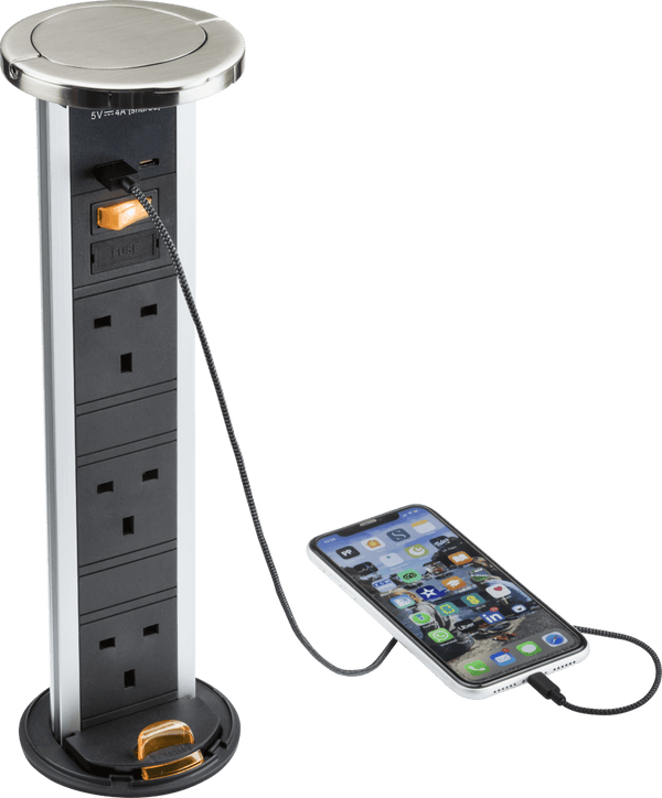 Knightsbridge MLA SK9909BC IP54 3G pop-up socket with dual USB charger A+C (FASTCHARGE) - Brushed chrome Cap - Knightsbridge MLA - Falcon Electrical UK