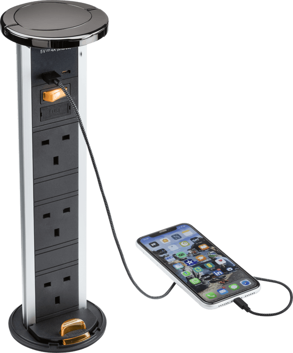 Knightsbridge MLA SK9909BN IP54 3G pop-up socket with dual USB charger A+C (FASTCHARGE) - Black nickel Cap - Knightsbridge MLA - Falcon Electrical UK