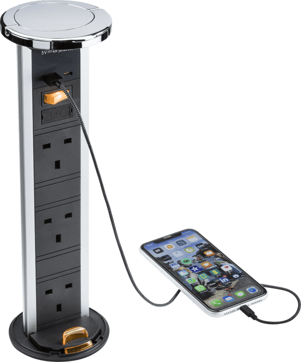 Knightsbridge MLA SK9909PC IP54 3G pop-up socket with dual USB charger A+C (FASTCHARGE) - Polished chrome Cap - Knightsbridge MLA - Falcon Electrical UK