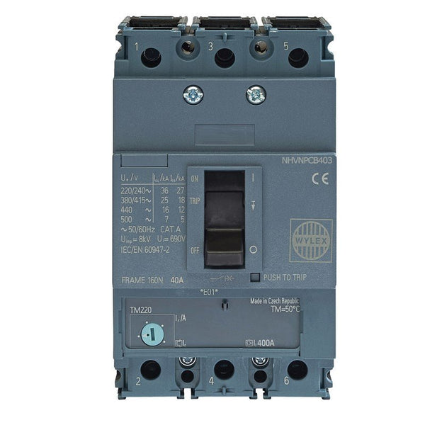 Wylex NHVNPCB403 40A 25kA 3P NHV MCCB ATFM c-w Box Terminals - Wylex - Falcon Electrical UK