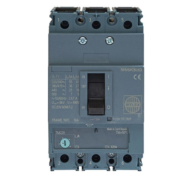 Wylex NHVSPCB163 16A 36kA 3P NHV MCCB ATFM c-w Box Terminals - Wylex - Falcon Electrical UK