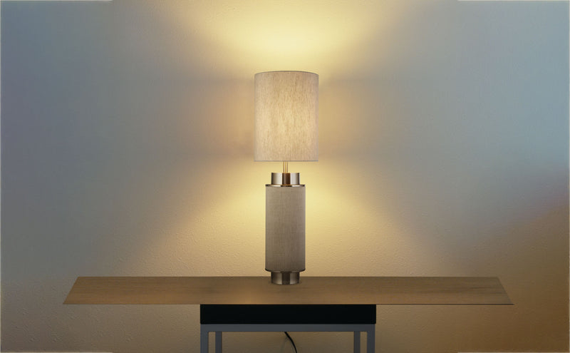 Searchlight 59041SN Flask Table Lamp - Satin Nickel, Grey Hessian & White Linen - Searchlight - Falcon Electrical UK