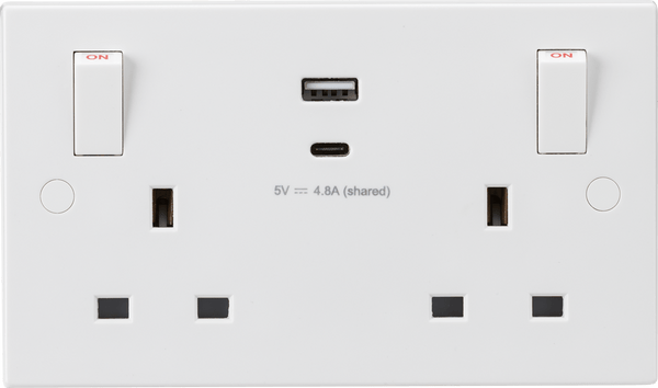 Knightsbridge MLA SN9002 13A 2G Switched socket with outboard rockers and dual USB (A+C) 5V DC 4.8A shared - Knightsbridge MLA - Falcon Electrical UK