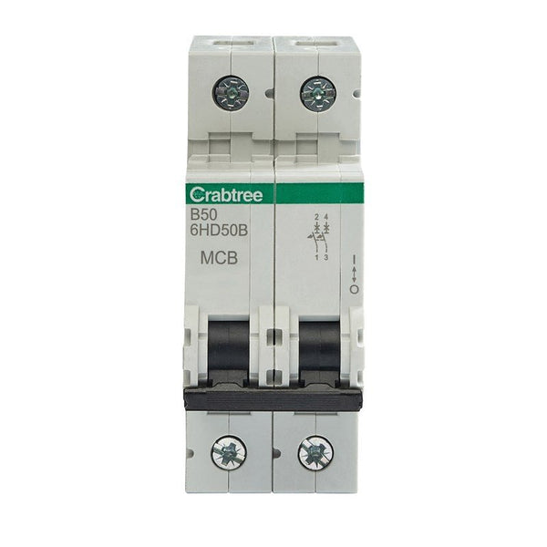 Crabtree 6HD50B B50 10kA 2P MCB (2 Module Width) - Crabtree - Falcon Electrical UK