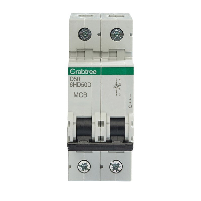 Crabtree 6HD50D D50 10kA 2P MCB (2 Module Width) - Crabtree - Falcon Electrical UK