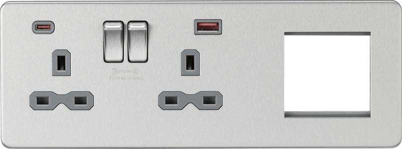 Knightsbridge MLA SFR992LBCG Screwless 13A 2G DP Socket with USB Fastcharge + 2G Modular Combination Plate - Brushed Chrome - Knightsbridge MLA - Falcon Electrical UK