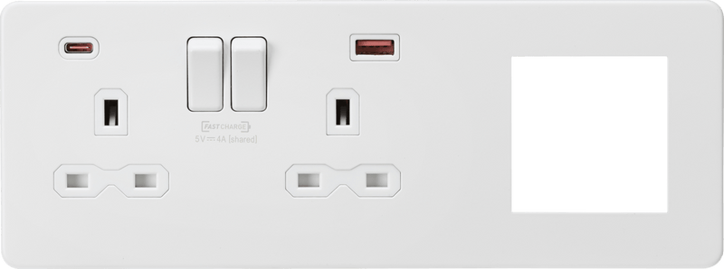 Knightsbridge MLA SFR992LMW Screwless 13A 2G DP Socket with USB Fastcharge + 2G Modular Combination Plate - Matt White - Knightsbridge MLA - Falcon Electrical UK