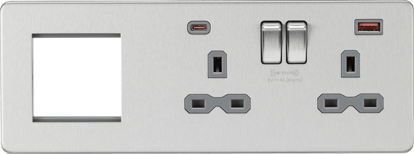 Knightsbridge MLA SFR992RBCG Screwless 13A 2G DP Socket with USB Fastcharge + 2G Modular Combination Plate - Brushed Chrome - Knightsbridge MLA - Falcon Electrical UK