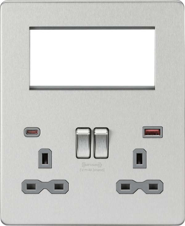 Knightsbridge MLA SFR994BCG Screwless Small Multimedia Combination Plate with FASTCHARGE - Brushed Chrome - Knightsbridge MLA - Falcon Electrical UK