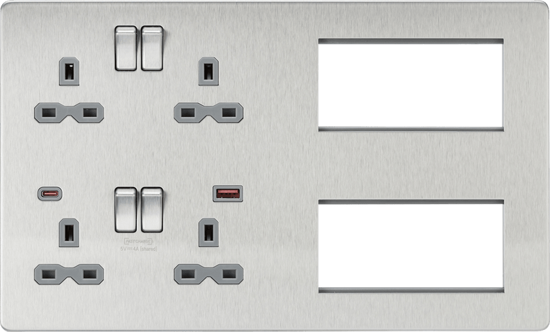 Knightsbridge MLA SFR998BCG Screwless Combination Plate with Dual USB FASTCHARGE A+C - Brushed Chrome with grey insert - Knightsbridge MLA - Falcon Electrical UK