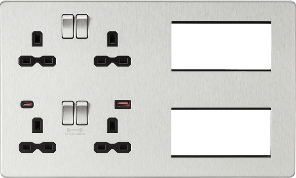 Knightsbridge MLA SFR998BC Screwless Combination Plate with Dual USB FASTCHARGE A+C - Brushed Chrome with black insert - Knightsbridge MLA - Falcon Electrical UK