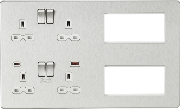 Knightsbridge MLA SFR998BCW Screwless Combination Plate with Dual USB FASTCHARGE A+C - Brushed Chrome with white insert - Knightsbridge MLA - Falcon Electrical UK